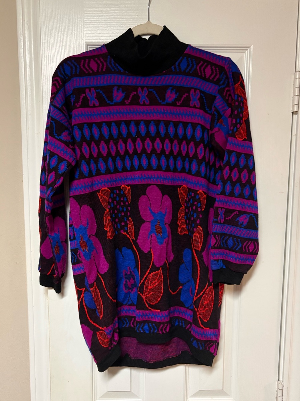 Vintage Expression Place Colorful Floral Geometric Mock Neck Sweater Medium